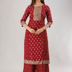MAUKA Women Maroon Ethnic Motifs Printed Kurta with Palazzos-38