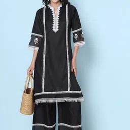 Bhama Couture Floral Embroidered Thread Work Pure Cotton Straight Kurta With Palazzo-picture-46