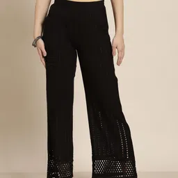 Juniper Women Black Schiffli Geometric Embroidered Flared Rayon Ethnic Palazzos-image-83