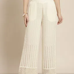 Juniper Women Off White Schiffli Geometric Embroidered Flared Rayon Ethnic Palazzos-image-14