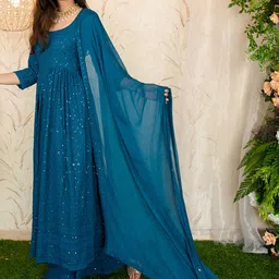 Label Shaurya Sanadhya Ethnic Motifs Embroidered Sequinned Kurta with Palazzos & Dupatta image 3