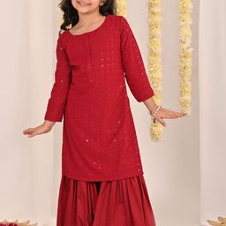 VASTRAMAY Girls Embroidered Thread Work Straight Kurta with Sharara-image-97