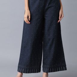 W Women Navy Blue Self Design Wide Leg Palazzos-picture-41