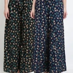 GRACIT Women Black & Navy Blue Set Of 2 Printed Flared Knitted Palazzos-image-71