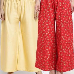 GRACIT Women Beige & Red Set Of 2 Printed & Solid Flared Fit Palazzos-picture-2