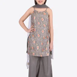 CUTECUMBER Girls Grey Floral Embroidered Regular Sequinned Kurti with Palazzos & With Dupatta-image-59