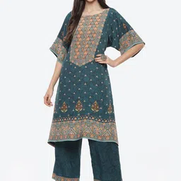 Biba Women Teal Green & Orange Ethnic Motifs Printed Kurta with Palazzos-image-83