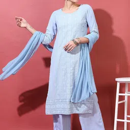Vishudh Women Blue Floral Embroidered Kurta with Trousers & With Dupatta-image-95