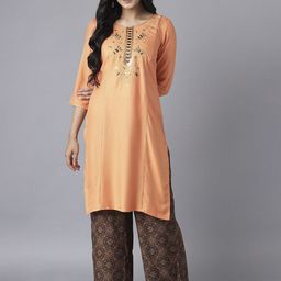 AURELIA Women Orange & Brown Ethnic Motifs Embroidered Regular Kurta with Palazzos-picture-6