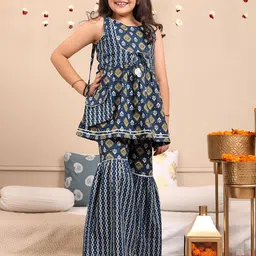 Budding Bees Girls Printed Pure Cotton Ethnic Tunic With Palazzos-image-69