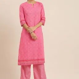 Vishudh Women Pink & Off-White Printed Cotton Kurta with Palazzos-image-25