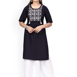Aarika Girls Navy Blue Yoke Design Thread Work Pure Cotton Kurta with Palazzos-picture-19