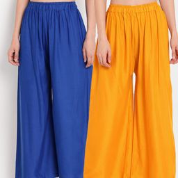 TAG 7 Women Yellow & Blue Set of 2 Flared Ethnic Palazzos-image-110