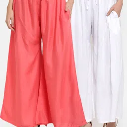 Miaz Lifestyle Women Pack Of 2 White & Peach-Coloured Flared Knitted Palazzos-image-34