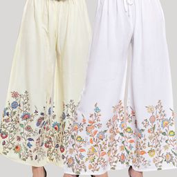 Clora Creation Women Pack Of 2 Cream-Coloured & White Floral Printed Knitted Palazzos-picture-10