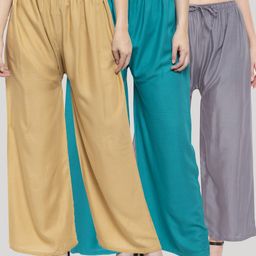 Clora Creation Women Turquoise Blue & Grey & Beige Pack Of 3 Straight Fit Palazzos-image-64