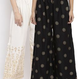 Clora Creation Women Cream-Coloured & Black Set Of 2 Printed Flared Knitted Palazzos-82