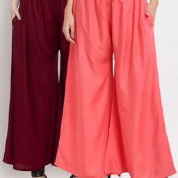 Miaz Lifestyle Women Set Of 2 Maroon & Peach-Coloured Flared Ethnic Palazzos-11