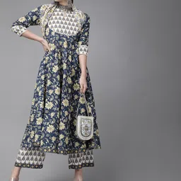 Libas Women Navy Blue Pure Cotton Floral Print Kurta with Palazzos & Dupatta-picture-12