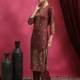 Vishudh Rust Ethnic Motifs Printed Notch Neck Kurta With Palazzo & Dupatta image 4