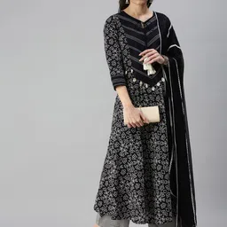 SHOWOFF Women Navy Blue Ethnic Motifs Printed Kurta with Palazzos & With Dupatta-picture-1