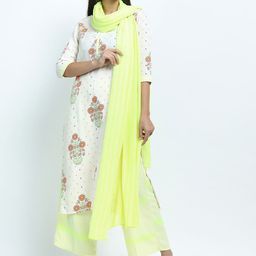 Vishudh Women Off White & Green Floral Printed Kurta with Palazzos & Dupatta-50