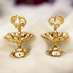 Peacock Design Brass Diya | Brass Diyas for Home | Kuthu Vilakku Decoration Brass (Pack of 2) Table Diya Set-image-32