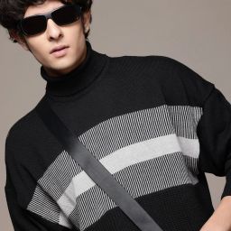 Men Striped Turtle Neck Black Sweater-image-78