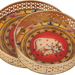 two moustaches Kamdhenu Cow & Calf with Lotus Design Serving Trays Set (8 Inches & 10 Inches) Tray Serving Set image 2