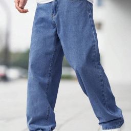 Men Loose Fit Mid Rise Dark Blue Jeans-image-2