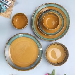 Pack of 14 Ceramic Sunehari Mustard Hand-Glazed Dinner Set-image-57