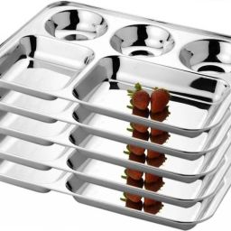 LiiMETRO Stainless Steel Rectangular Bhojan / Lunch / Dinner Plate Dinner Plate (5 Dinner Plate) Sectioned Plate-6