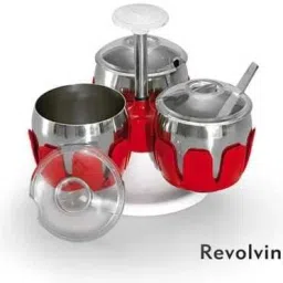 Stainless Stee Revolving Pickle Pot of 3 Jar Stand and 3 Spoon Bowl Serving Set-14