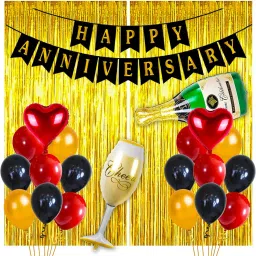 Solid Happy Anniversary Decoration Kit For Bedroom - 57 Items Set - Banner, Golden Foil Curtain, Balloons, Cheers & Champagne Foil Balloons - For wedding anniversary decoration items For Home - Husband Wife Letter Balloon-16