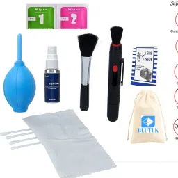 blutek Professional 9 IN 1 Multi-Purpose Cleaning Kit for Cameras, Lenses, Binoculars, LCD, Laptops, Desktops, Keyboards, etc, Includes Cloth, Brush, Liquid Solution, Powerful Dust Blower, Cotton Swabs, Magic Lenspen ,Cleaning Tissue Lens Cleaner,Wet wipes,Dry wipes (20 ml, 4x4 inch, Cotton Pouch Pack of 10) Lens Cleaner-33