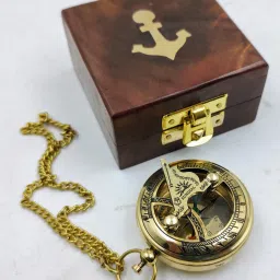 Brass mini sundial compass chain wood box push button compass Compass-picture-4