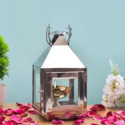 Akhand Diya with Glass Cover , Brass Diya with stand for Puja Room Steel Table Diya Set-image-15