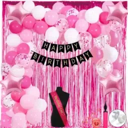 Solid Pink Theme Birthday Decoration Kit Set Items Combo Balloons for Girls with Sash Balloon-17