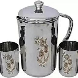HIGH QUALTY FLOWER LASER Jug PARI LASER Glass Set (STAINLESS STEEL) Glass Tray Set-15