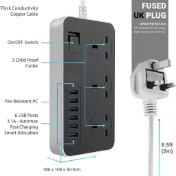 Extremus ™CX-T05-W 6x3 Extension Boards with USB Charging Station 6 Port USB 3 Socket Extension Cord 3 Universal Sockets & 6 USB 3.4A Ports with Indicator USB Charger image 3