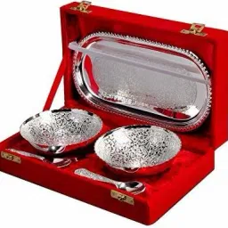 Brass Plated Designer Bowl Set with Serving Spoons And Trays (Silver And Gold) Bowl, Tray, Spoon Serving Set-15
