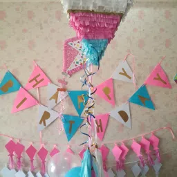 Kite shape piñata (pull string) for a kite with bday banner and kite garlands. Pink Paper Hanging Lantern-picture-23
