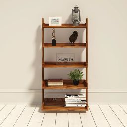 Wooden Ladder Shape 5 Tier Book Shelf Wall Rack, Brown Solid Wood Open Book Shelf-14