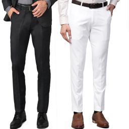 Pack of 2 Men Regular Fit Black, White Cotton Blend Trousers-image-4