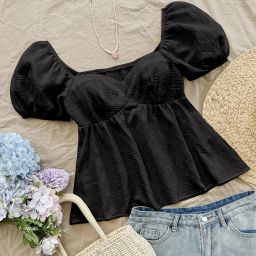 Casual Puff Sleeves Solid Women Black Top-image-85