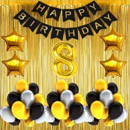 Solid No 8 Gold Foil Balloons with Happy Birthday Decoration Items or Kit Black Banner Set of 13 Letters with 100 HD Metallic Gold , Silver & Black Balloons Decoration + 4 Gold Star shape Foil Balloons for Party Decoration for Boys ,Girls & Kids + 2 Gold Fringe Curtains + 8th Birthday or 8th Year Birthday Gold Foil Balloons Balloon-26