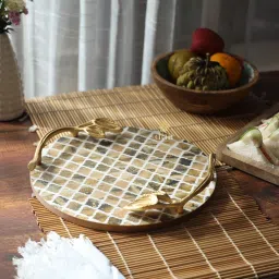 Round Brown Paan Print Platter with Golden Handle for Serving Tray (12x12 Inch) Tray-21