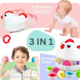 angel kids Matching Shapes Eggs | Pull-Along Hen Toy with Wheels | Activity Blocks 12 Pcs image 3
