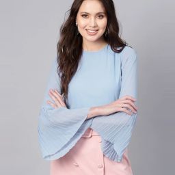 Casual Bell Sleeves Solid Women Blue Top-image-43