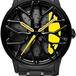 Men's Sports Watch Design Roting Dial, Black Stainless Steel Band,Yellow Accent Analog Watch - For Men Round yellow-picture-23